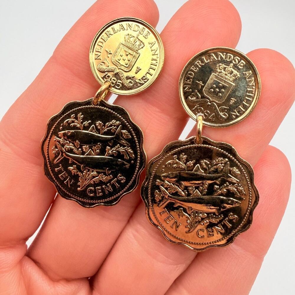 Franklin Mint Golden Caribbean Coin Earrings Fish Dangle 24K EGP Clip On